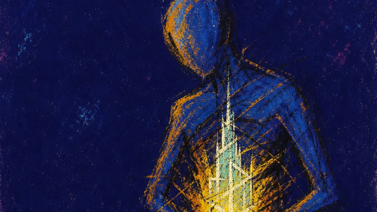 Before the tower breaks A solitary figure with tight ribs and a glass tower shape in the torso, hot amber pressing into dark indigo space