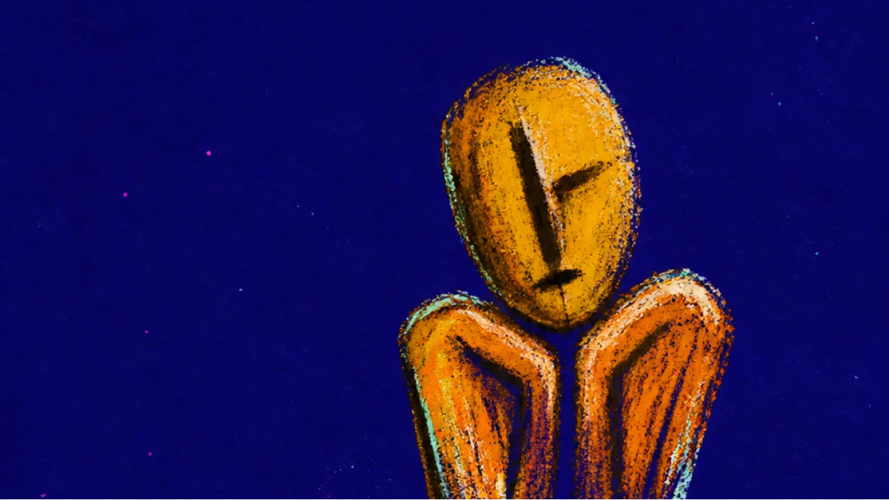 Breath Held Too Long A solitary figure with raised shoulders and held breath, warm amber edges pressed by cold indigo space