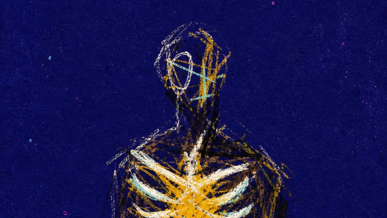 A solitary figure with tight amber lines around the ribcage, deep indigo space pressing inward like an unseen count