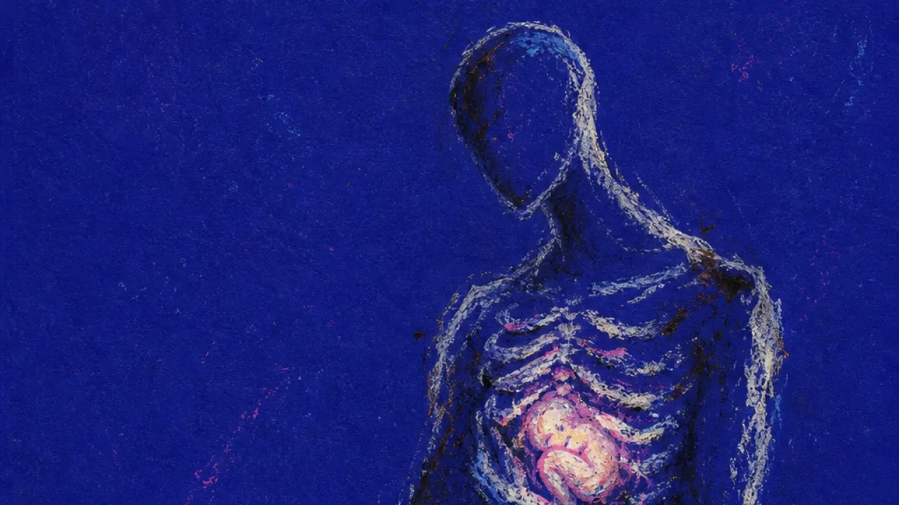 Small ache under the ribs A solitary figure with a small curled shape glowing under the ribs, warm pink pressed into bruised indigo space