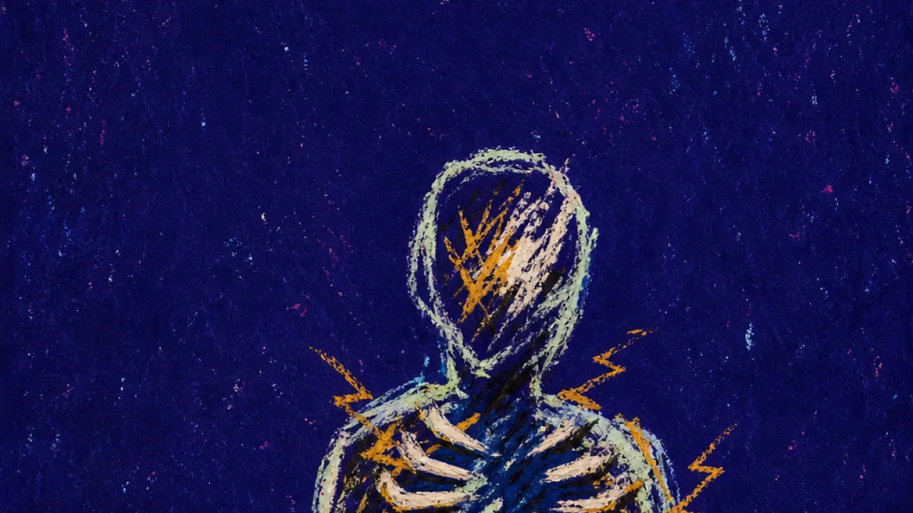 Countdown against the ribs A solitary figure with tight bands around the ribcage, amber sparks pressing into deep indigo space