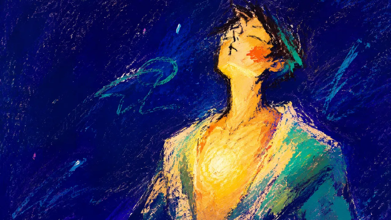 A solitary figure with relaxed shoulders and an amber-lit chest, warm gold ending at cool indigo and green edges.