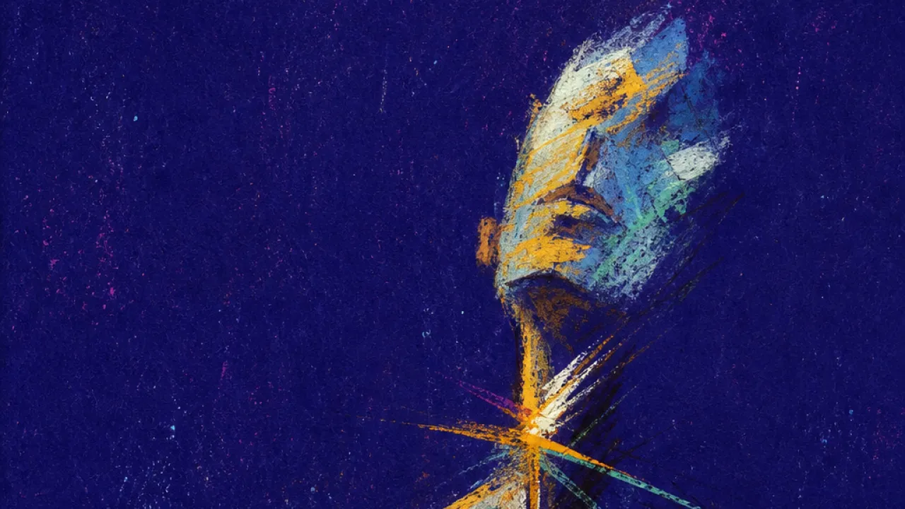 A solitary figure under a narrow amber spotlight, throat visibly tight, surrounded by cold blue space and suspended blade-sha