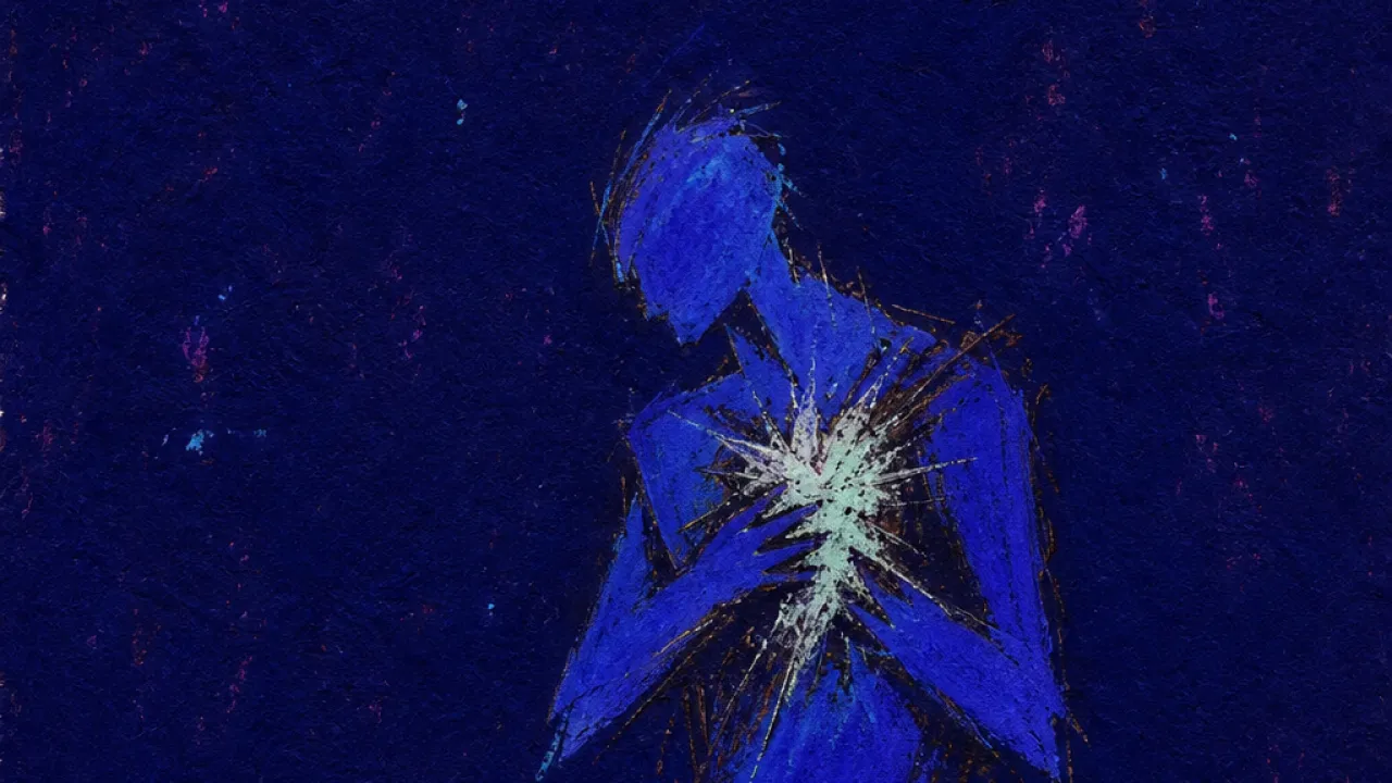 A solitary figure with the chest pulled inward, electric white edges cutting through deep indigo compressed space