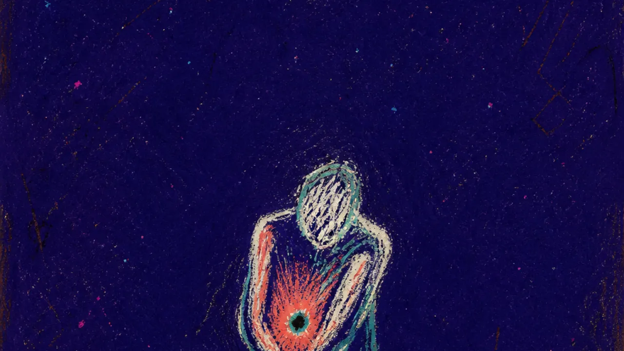 A solitary figure curled inward in dark space, coral heat near the face dropping toward a cold teal stomach center