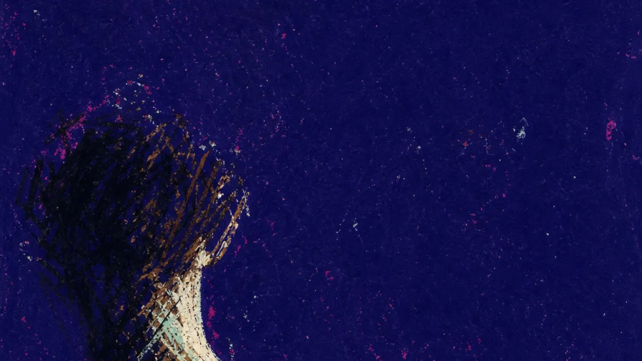 A solitary figure with raised shoulders and a thin glowing outline, deep indigo space pressing close around the body