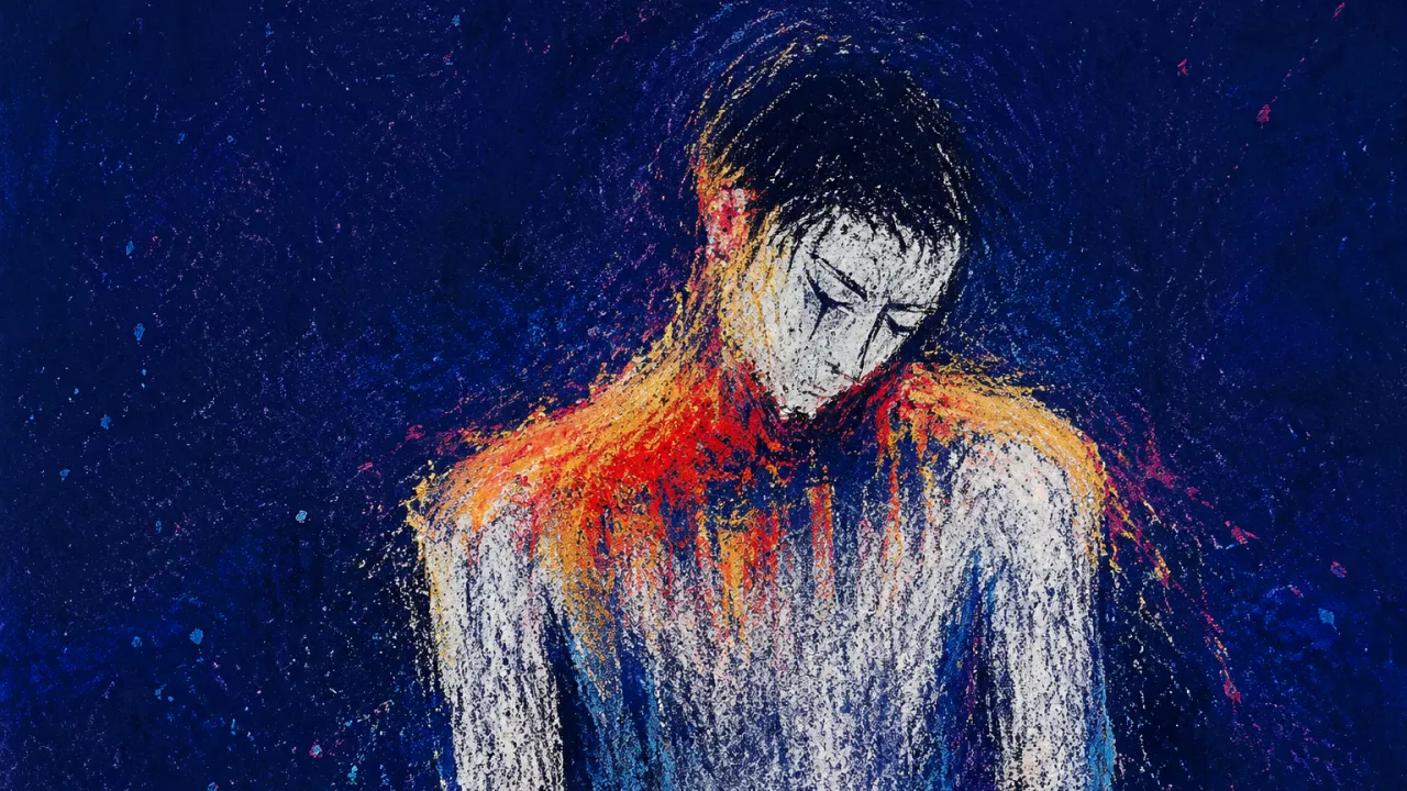 The Glow That Weighs A solitary figure with shoulders held beneath a red-gold sheen, the torso fading into cold white and deep indigo space.