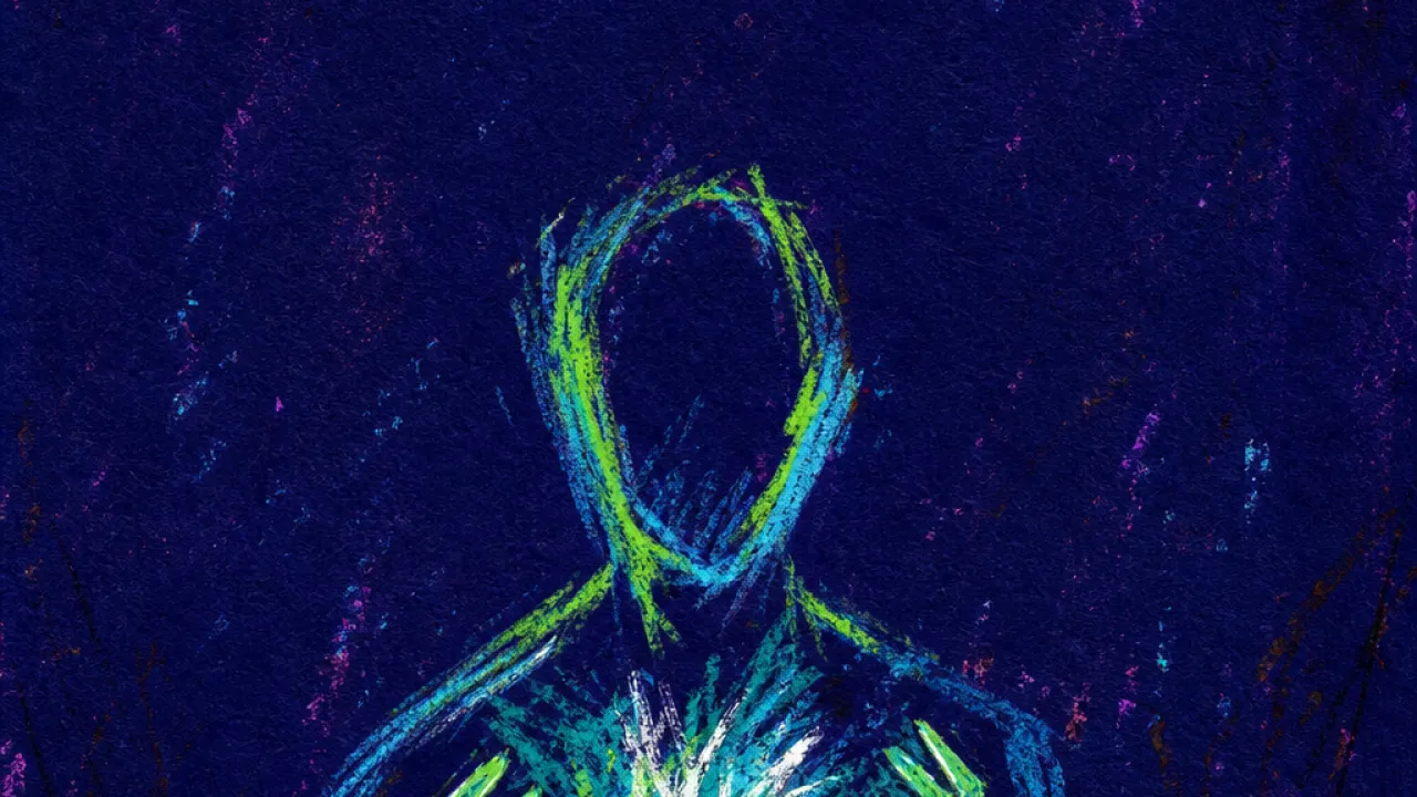 A solitary figure with tense hands near a keyboard, acid green light pressing into deep indigo space