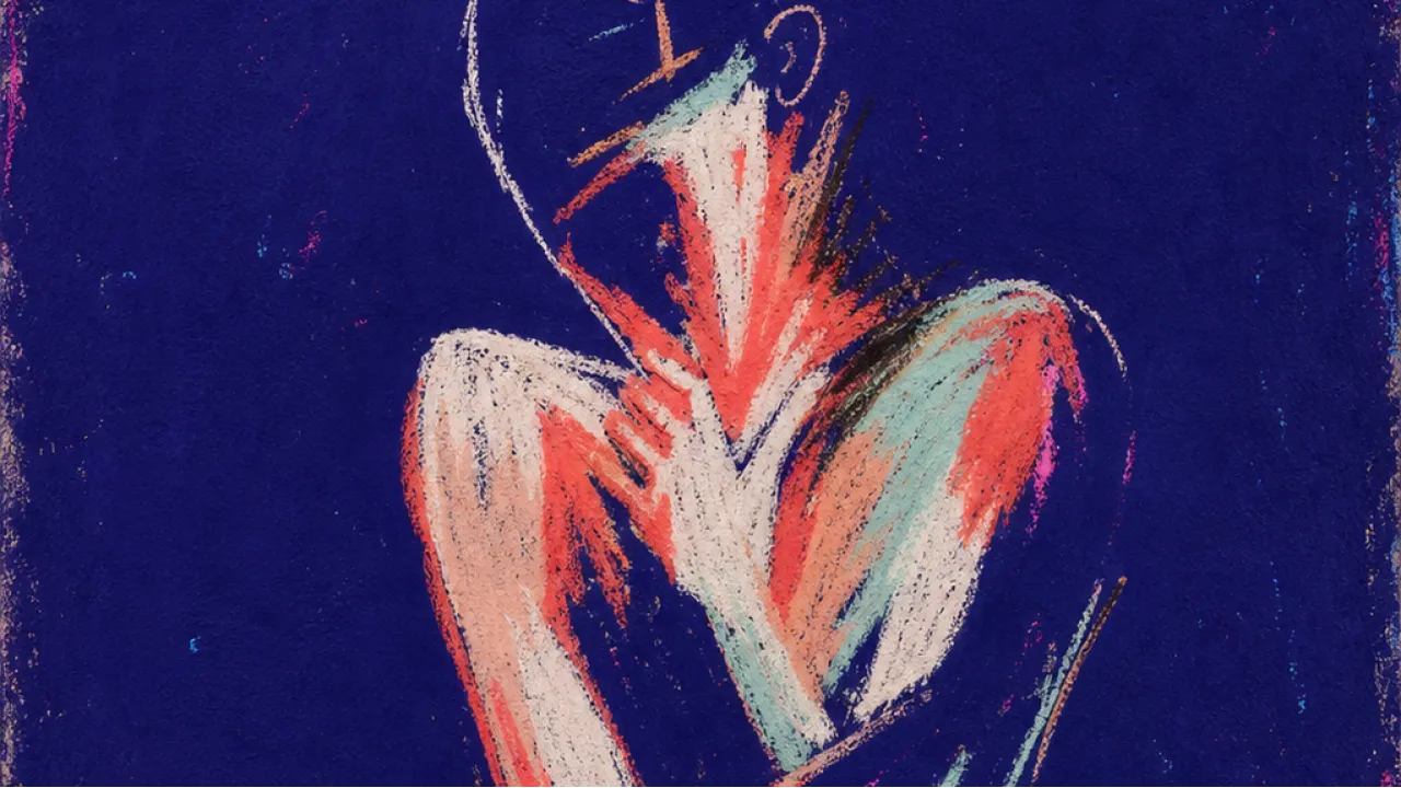 Too Bright To Hold A solitary figure folded inward under raw coral light, tight throat and chest edges visible against deep indigo space
