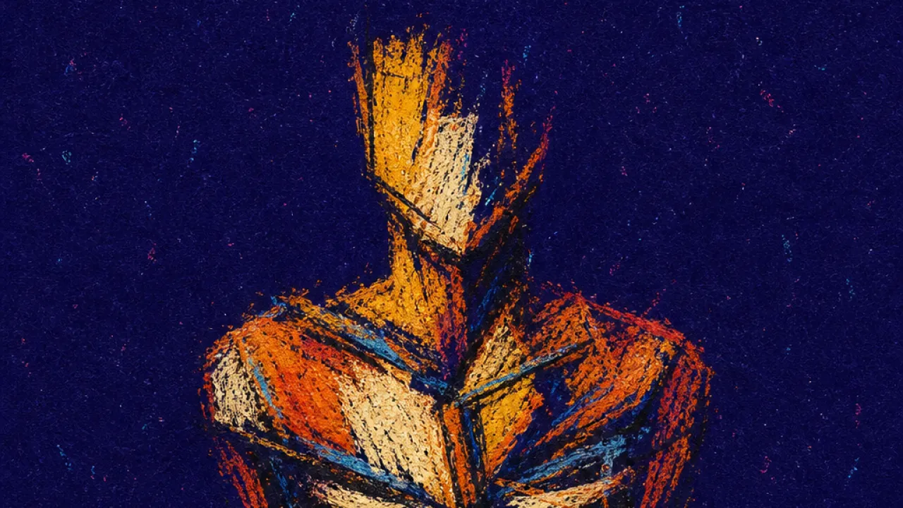 Pressing from all sides A solitary figure with shoulders pressed down, ribs bound by tight light, deep blue space compressing from above and below