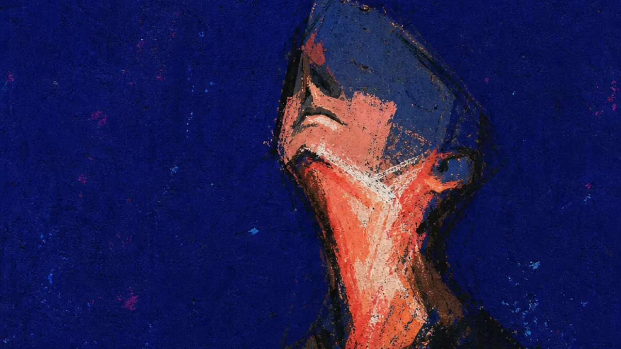 Too Bright to Hide A solitary figure with heat rising through the cheeks, coral light squeezed by slate-blue space against deep indigo