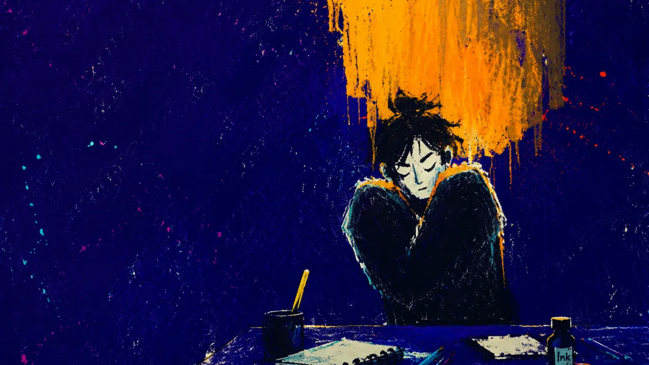 Braced Beneath Every Tool A solitary figure with raised shoulders beside immaculate tools, warm amber edges pressing into grainy deep-indigo space.