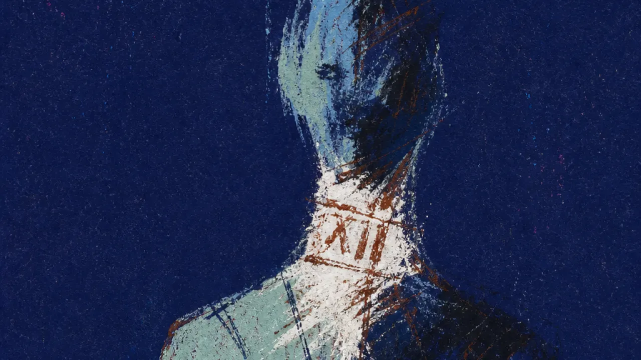 The Word Closing In A solitary figure with throat and chest constricted by a stamped word, stark white edges closing into deep indigo space