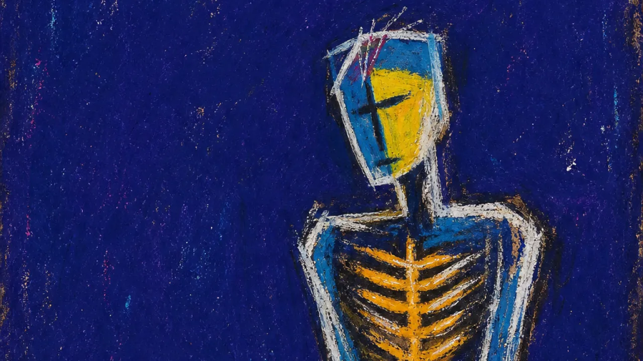 The unseen weight A solitary figure with raised shoulders and a compressed ribcage, warm amber lines pressing into deep indigo space