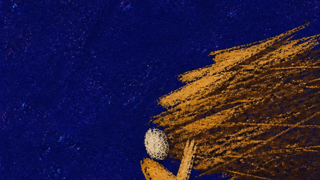 Edges that keep moving A solitary figure with braced shoulders under an expanding bundle, amber pressure cutting into deep indigo space