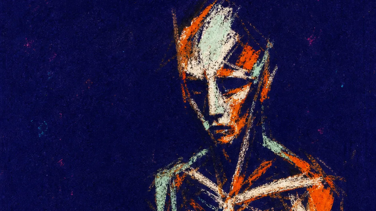 Spotlight Under the Skin A solitary figure in dark space with ember heat under the skin, needle-prick edges fading into cold indigo