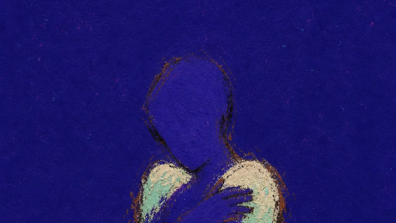 Calm With Fingerprints A solitary figure with lowered shoulders in deep indigo space, warm pearl light softening around faint sharp edges