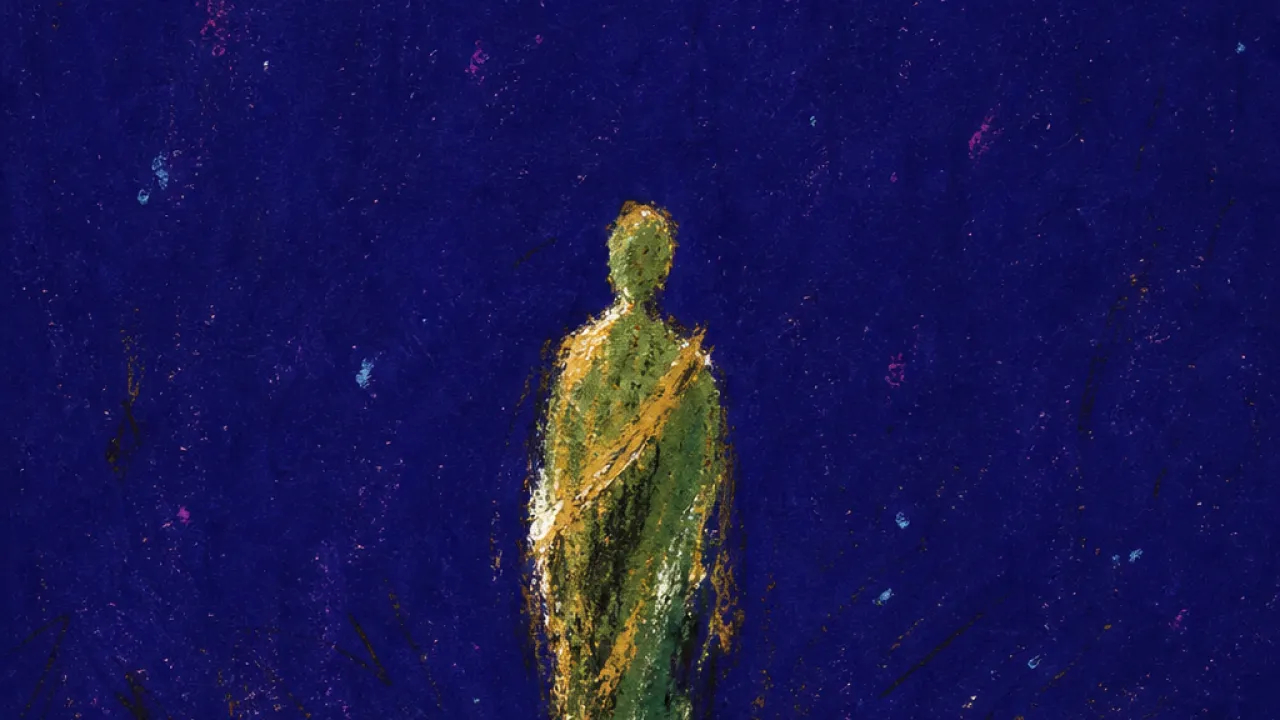 A solitary figure standing still, feet grounded on a dark floor, soft gold light widening around the chest