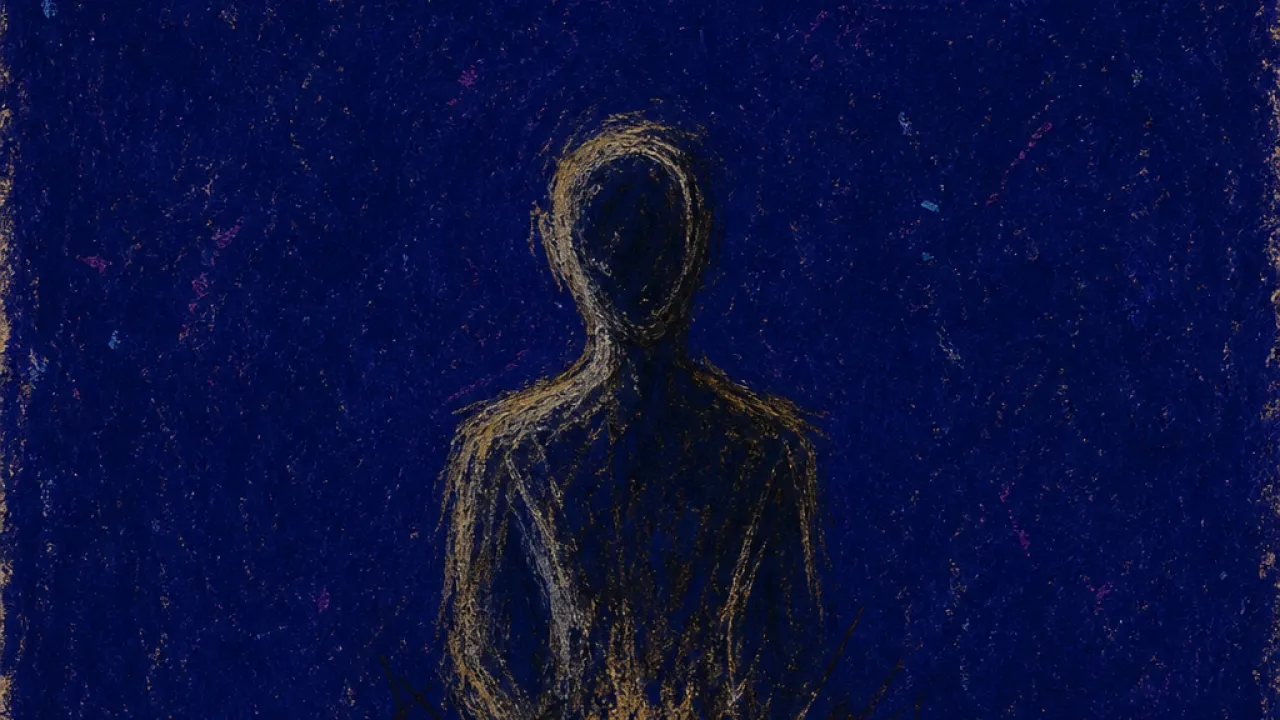 The low dimming pull A solitary figure in dark negative space, amber light at the lower stomach fading into fog-grey indigo.