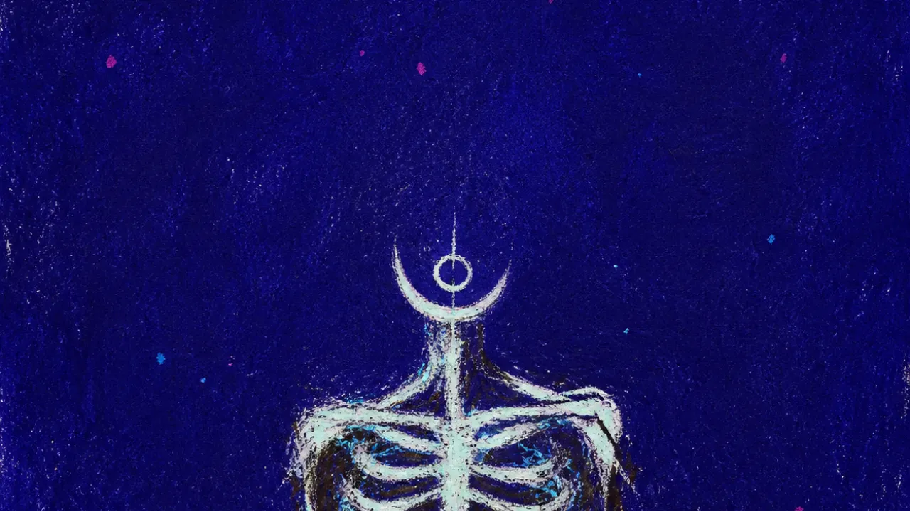 Quiet with sharp edges A solitary figure in deep indigo stillness, ribcage edged with ice-white static and sharp lines in the air