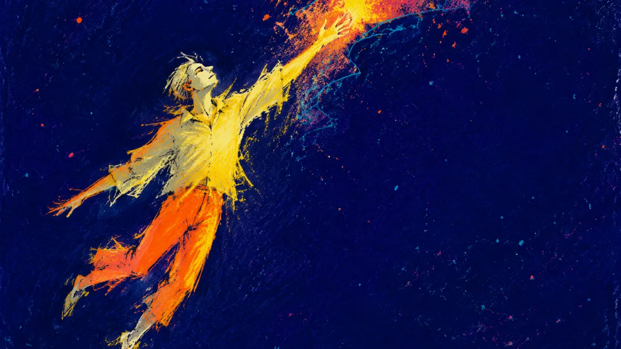A solitary figure with loose shoulders and a gold-lit chest, coral fingertips glowing near an edge in deep indigo space