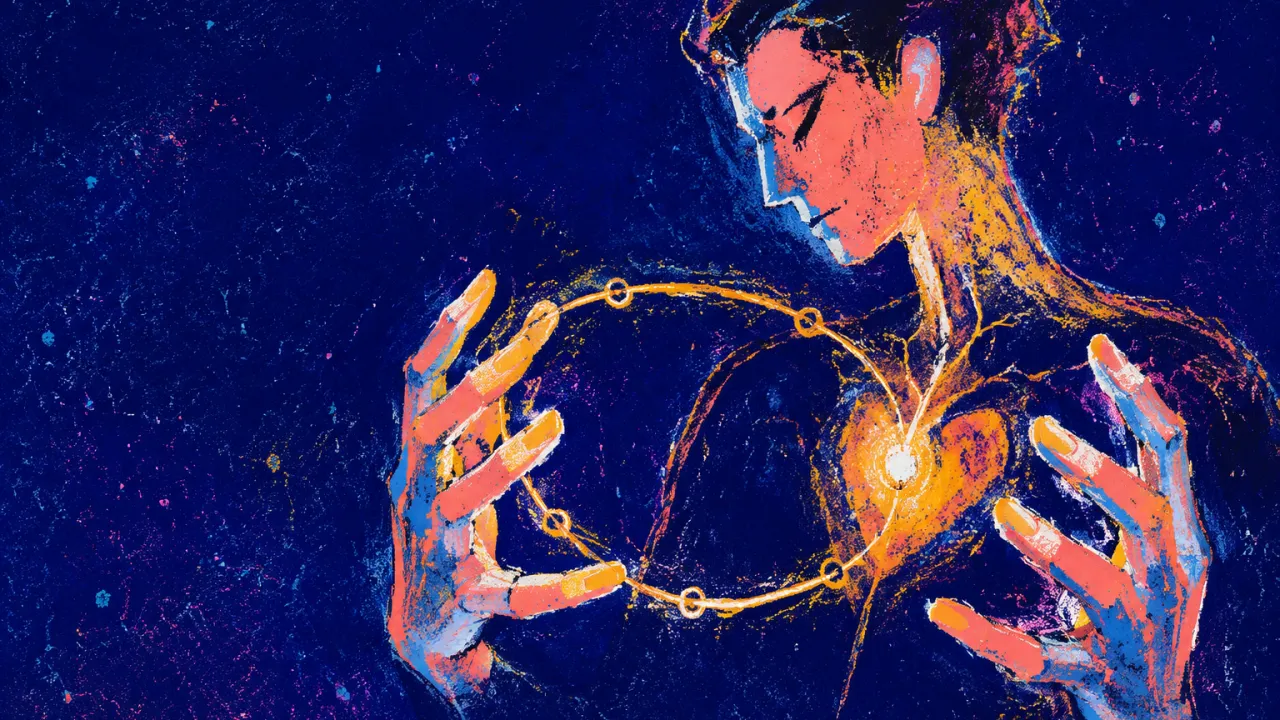 The Light That Returns A solitary figure in dark space with amber light looping from the chest to the fingertips against a cool indigo field.