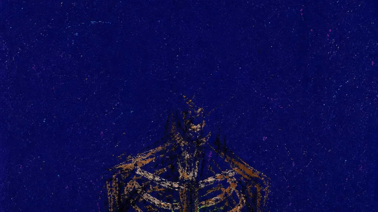 Visible before ready A solitary figure with tight ribs around a small green glow, cold indigo space pressing close from every side