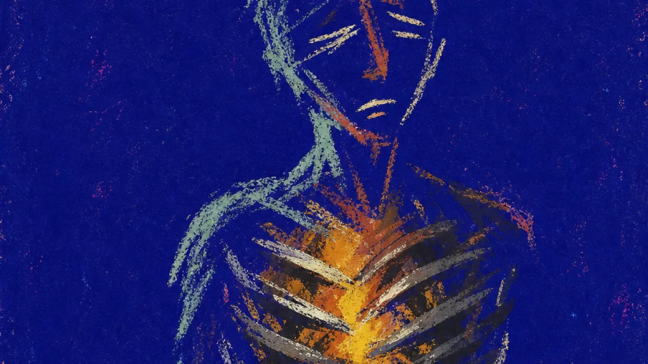 Caught in the blink A solitary figure with tight ribs and warm amber heat around the face, surrounded by deep indigo compressed space