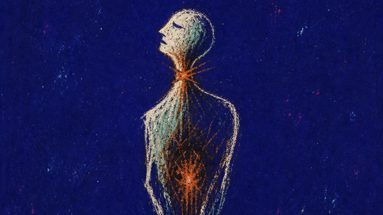 Behind the bright window A solitary figure with a tightened throat and copper heat around the stomach, standing before a bright window in deep indigo