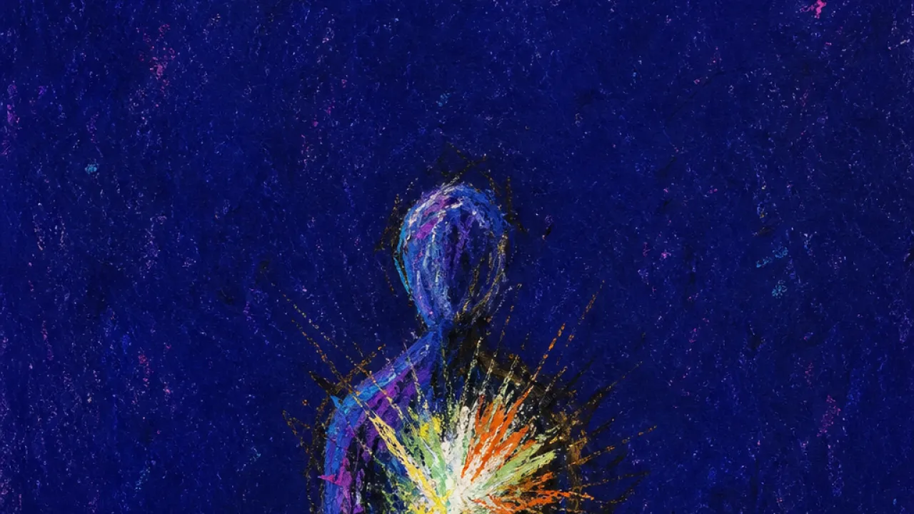 The spark under stillness A solitary figure with a bright crack at the chest, warm sparks pushing against dark still air in deep indigo space