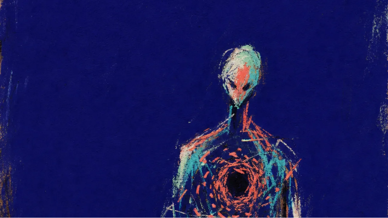 Signals around a hollow center A solitary figure with a buzzing chest center, tiny light signals orbiting in neon coral against deep indigo space