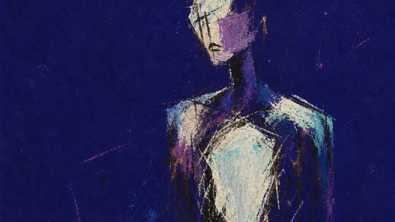 A solitary figure with a hollow chest space, suspended in bruised indigo with cool white edges fading inward