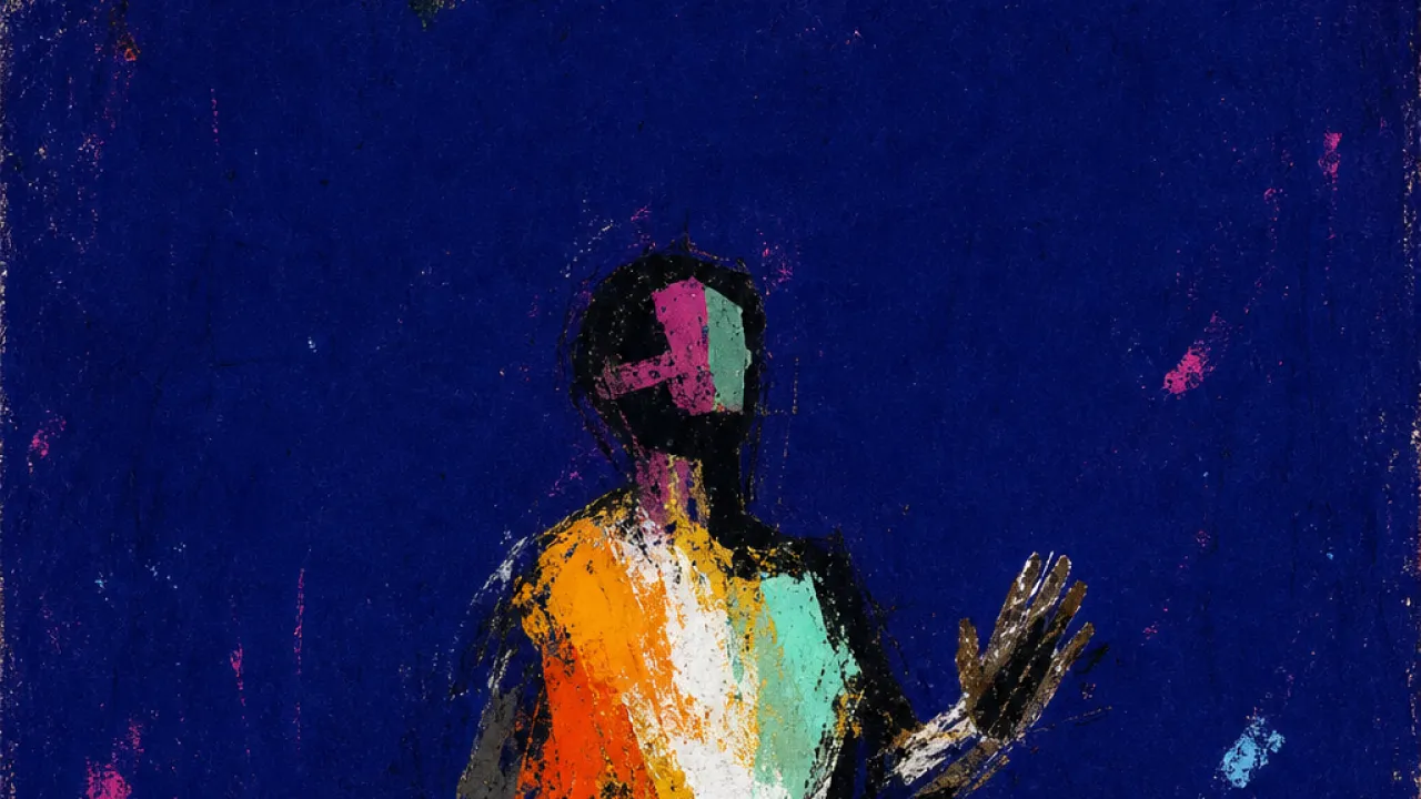 The First Inch Won't Move A solitary figure frozen at a threshold, shoulders tight, warm amber pressure pressing into deep indigo space