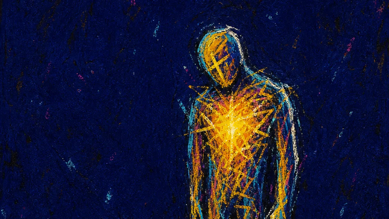 Static under the skin A solitary figure upright in dark space, chest tight with buzzing amber static against cold deep indigo