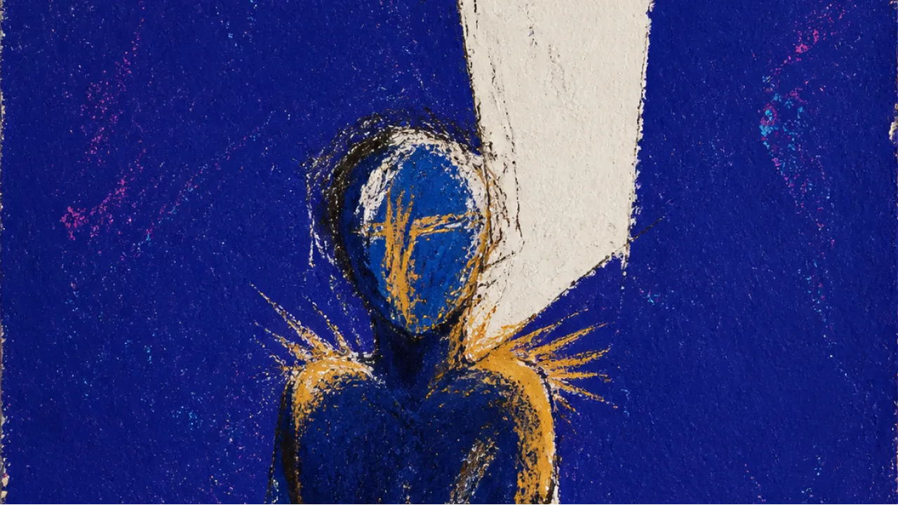When Blank Space Feels Heavy A solitary figure with slightly lifted shoulders, warm amber pressing against blank white blocks suspended in deep indigo.