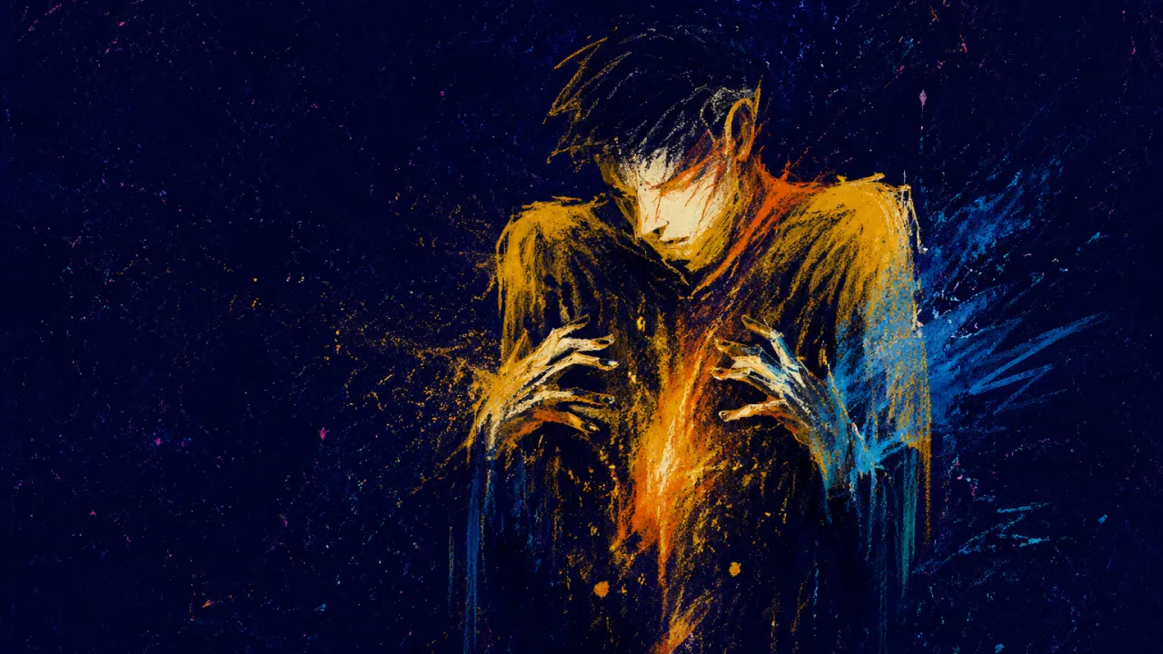 Held Between Every Horizon A solitary figure with raised shoulders, amber currents gathering around the torso as fingertips fade into deep indigo space