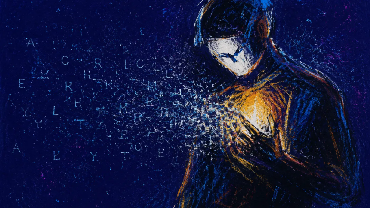 Words Fading Before They Land A solitary figure in dark space with an amber pulse at the chest, its pale edges dissolving into cold blue static.