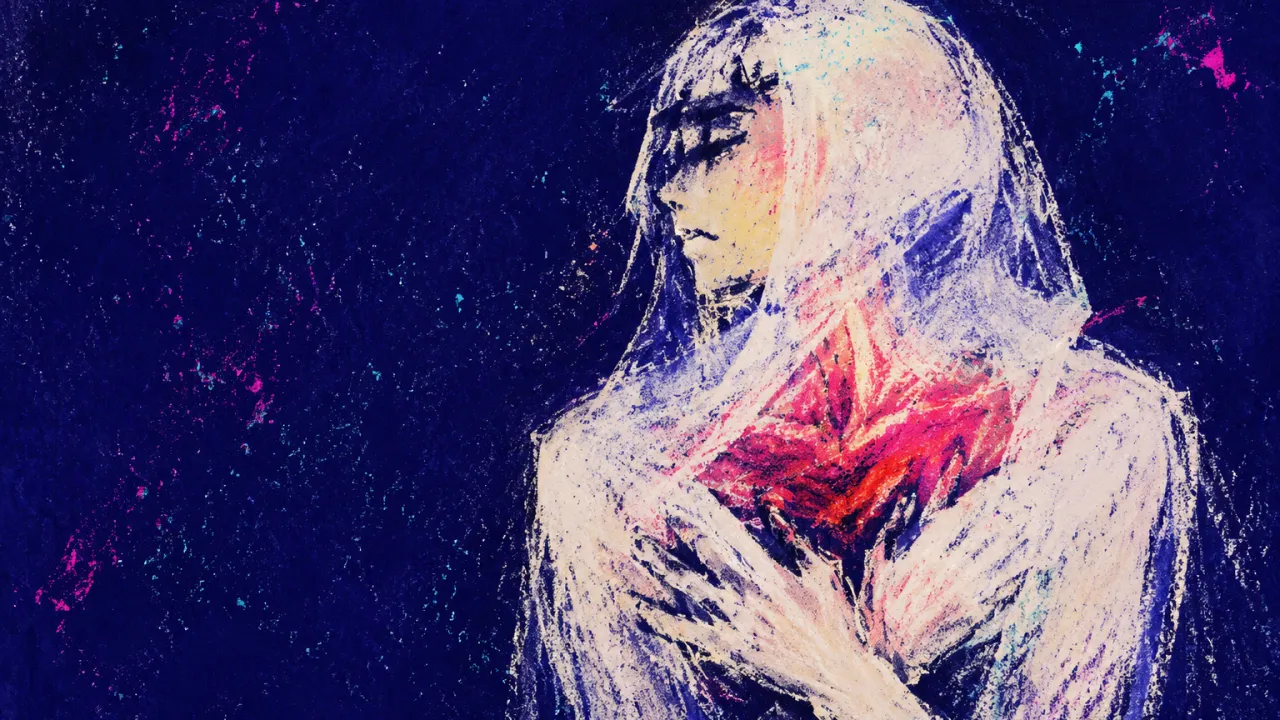 Heat Beneath the Veil A solitary figure in deep indigo space, shoulders held close, with muted crimson beneath a cool white veil-like surface.