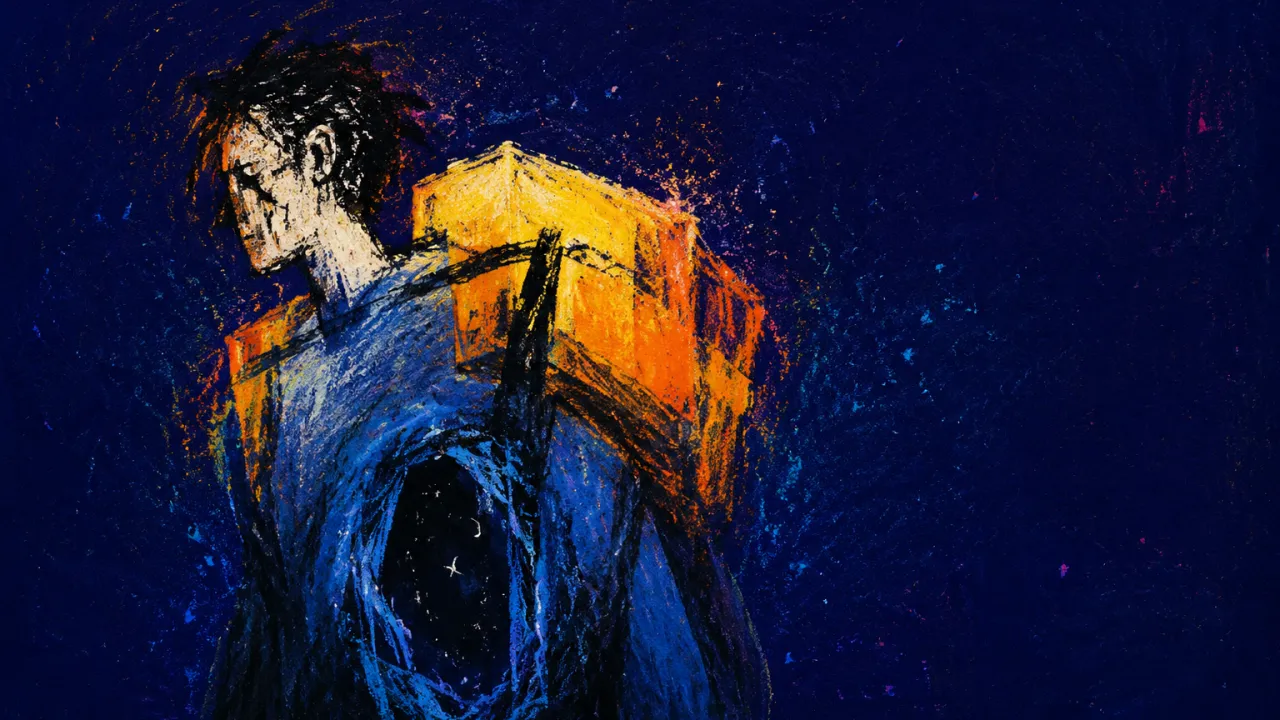 A solitary figure with weight settled across the shoulders, a hollow chest between warm amber and cool blue space.