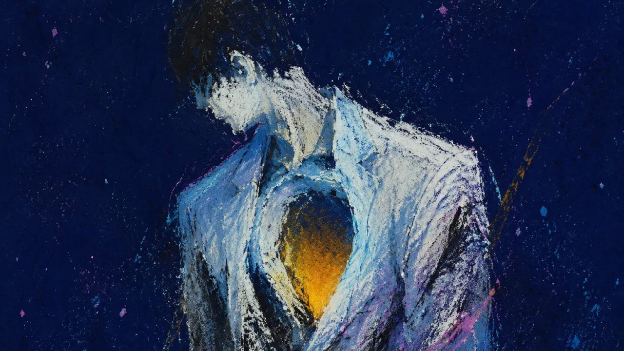 Behind the Polished Surface A solitary figure with composed shoulders and a hollow chest, silver-blue edges fading into muted amber against deep indigo.