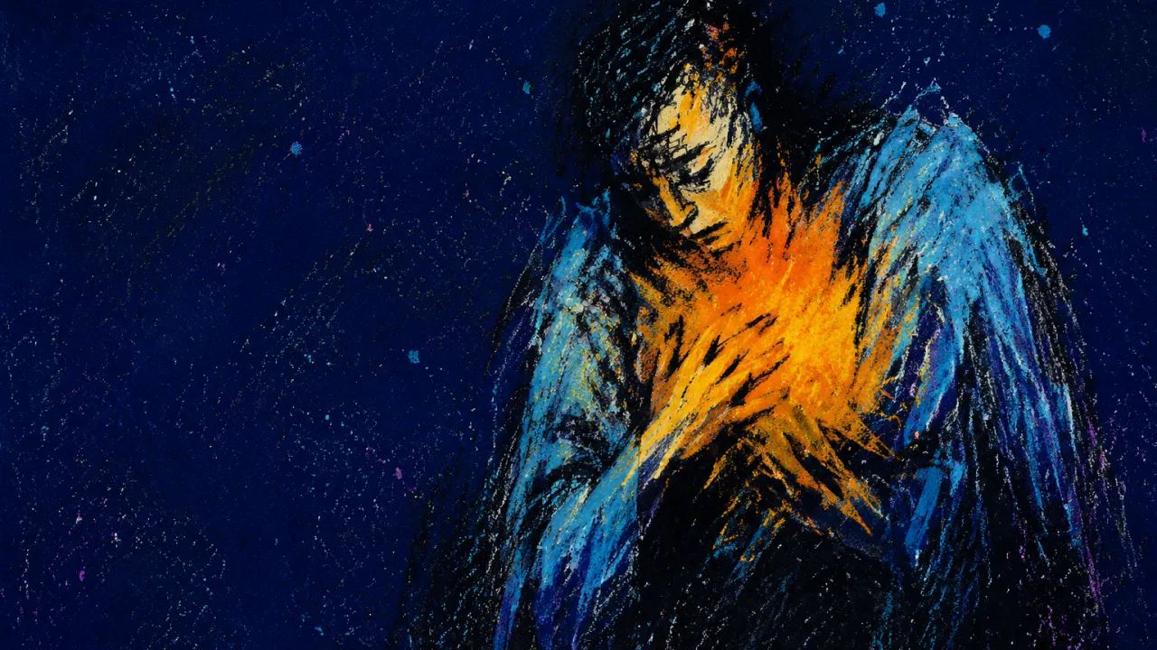 A solitary figure with amber light across the chest, shoulders folded inward as cold blue layers fill deep indigo space