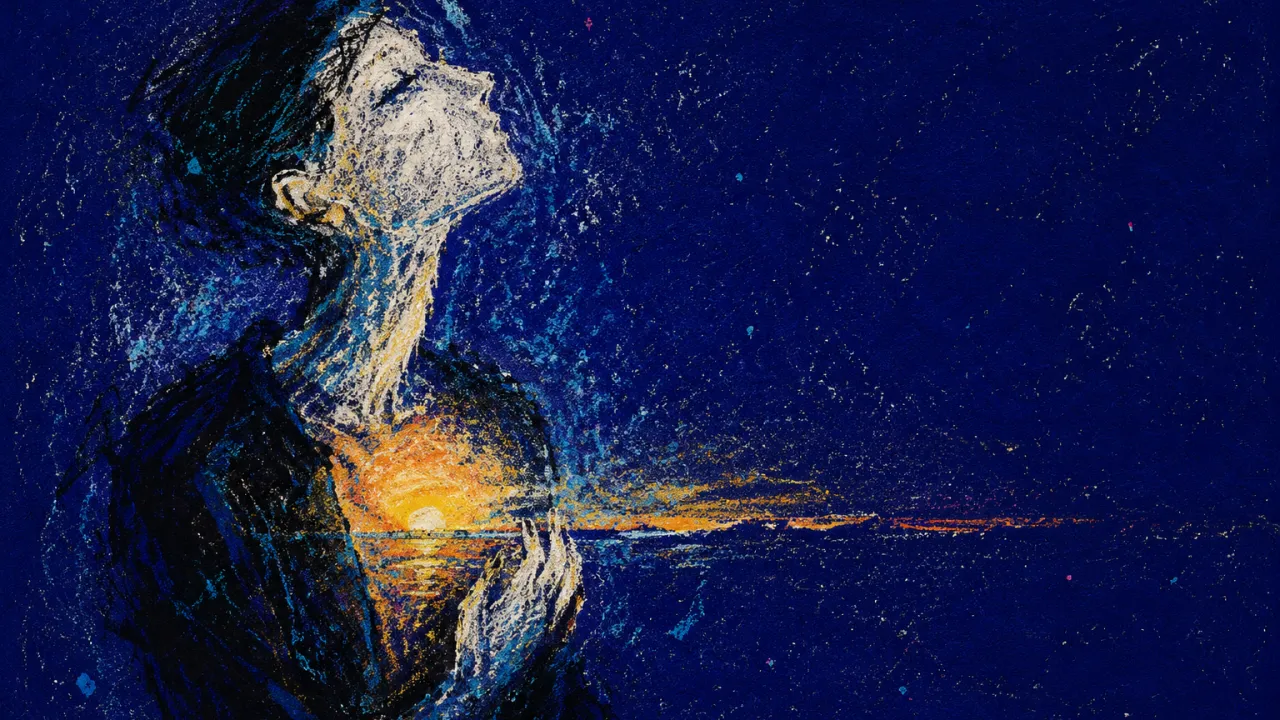 The Horizon That Never Was A solitary figure in dark space, amber light settled through the chest, a distant horizon suspended in cool blue air.