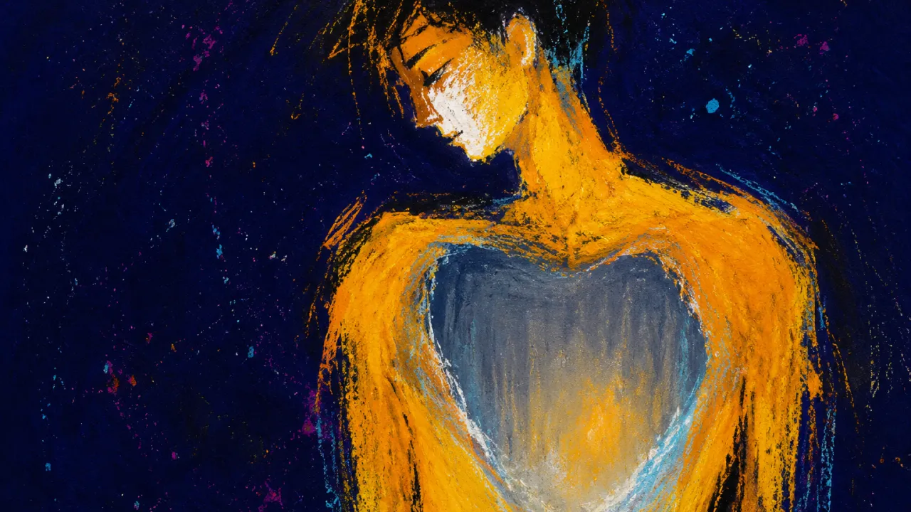 Warmth Behind the Surface A solitary figure with a hollow space at the chest, warm amber fading through muted grey into deep indigo.