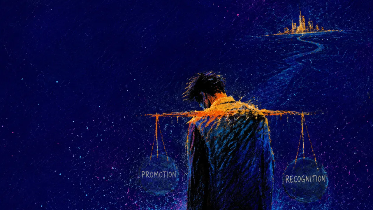 The Distance Between Milestones A solitary figure with gravity settled through the shoulders, amber points fading into cool indigo negative space