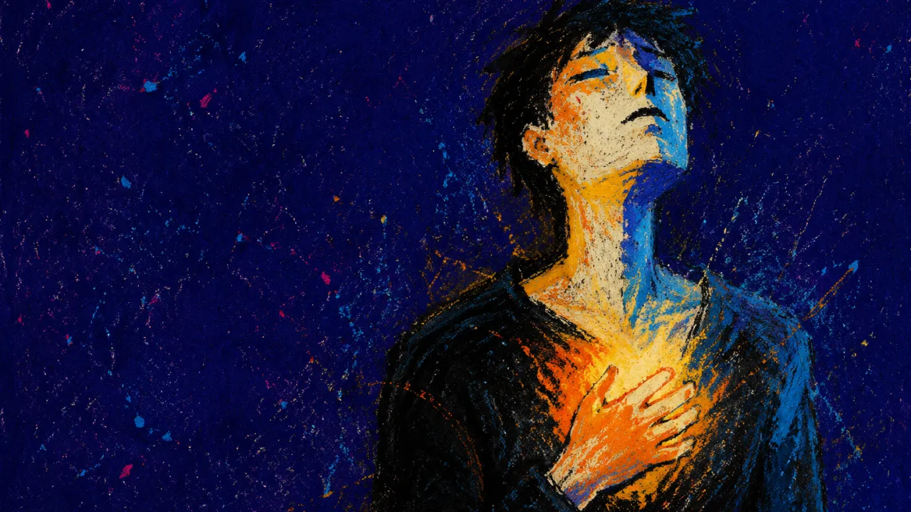 When Their Light Looks Brighter A solitary figure with warm color at the chest, a brighter gold field beside a dimmer blue glow against deep indigo