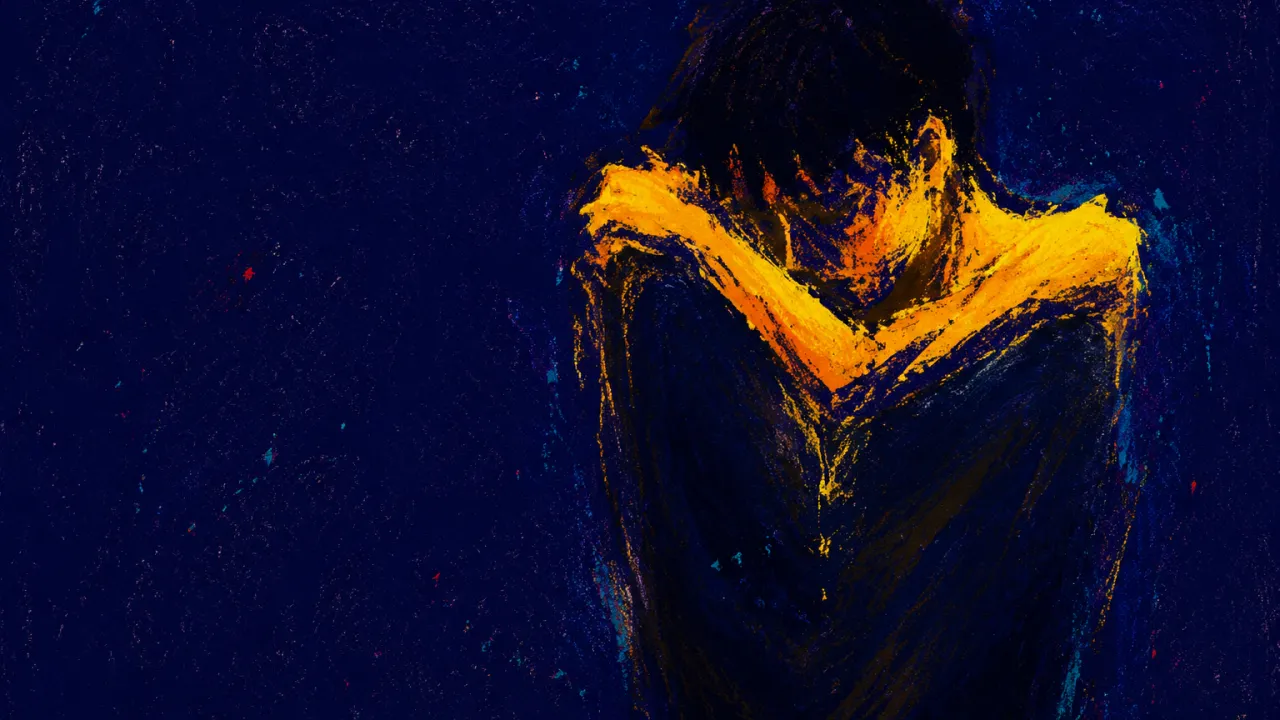 Where Warmth Stops at the Edges A solitary figure with raised shoulders in dark space, warm amber ending at dim torso edges against cold indigo.