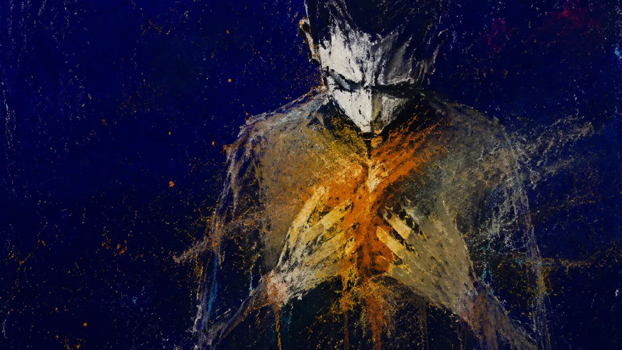 A solitary figure with dim amber at the chest and suspended grey residue across the hands in deep indigo space.