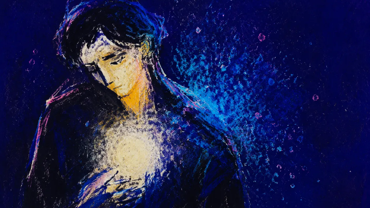 The Signal Beneath the Static A solitary figure with pearl-white light settled at the chest, the torso fading into cobalt static and deep indigo space
