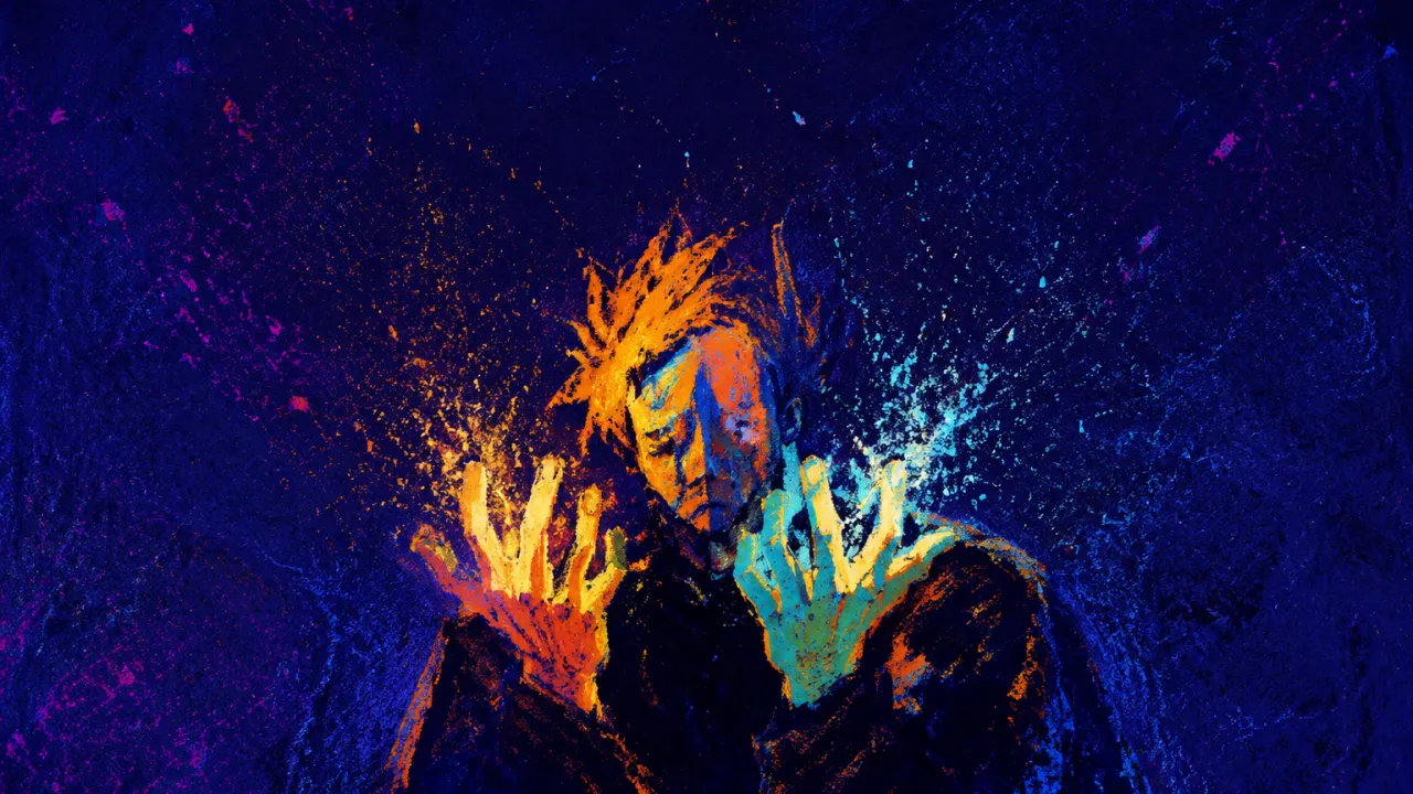 A solitary figure with lifted shoulders and luminous fingertips amid amber-cyan static and narrowing deep indigo space.