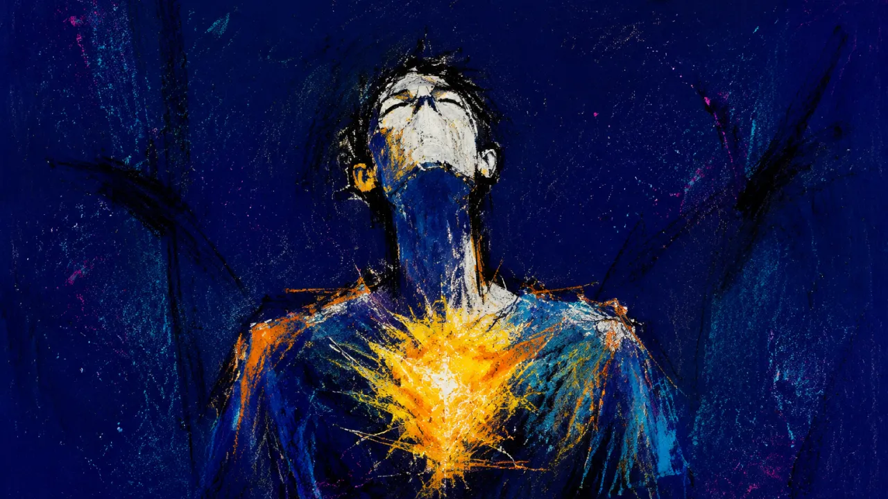 Before Tomorrow Arrives A solitary figure with shoulders held high, amber vibration suspended across the chest against cool blue and deep indigo.